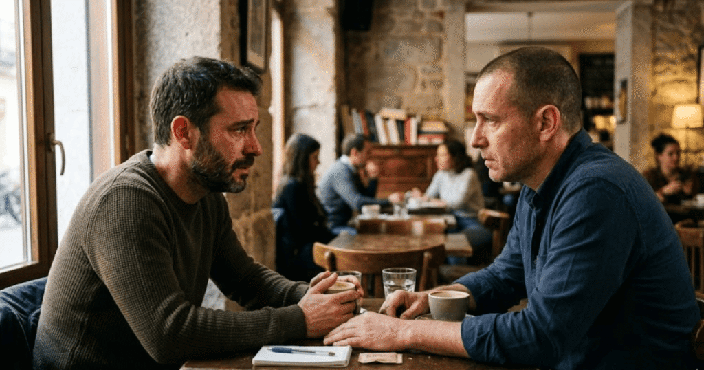 Dos hombres sentados a la mesa de una cafetería, mirándose a los ojos con expresión seria y de dolor, mientras conversan sobre cómo superar una infidelidad en la pareja.